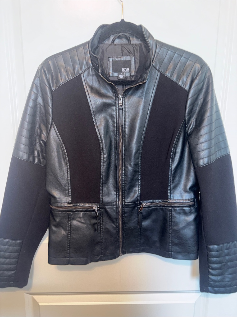 a.n.a Black Faux Leather Jacket with Knit Panels